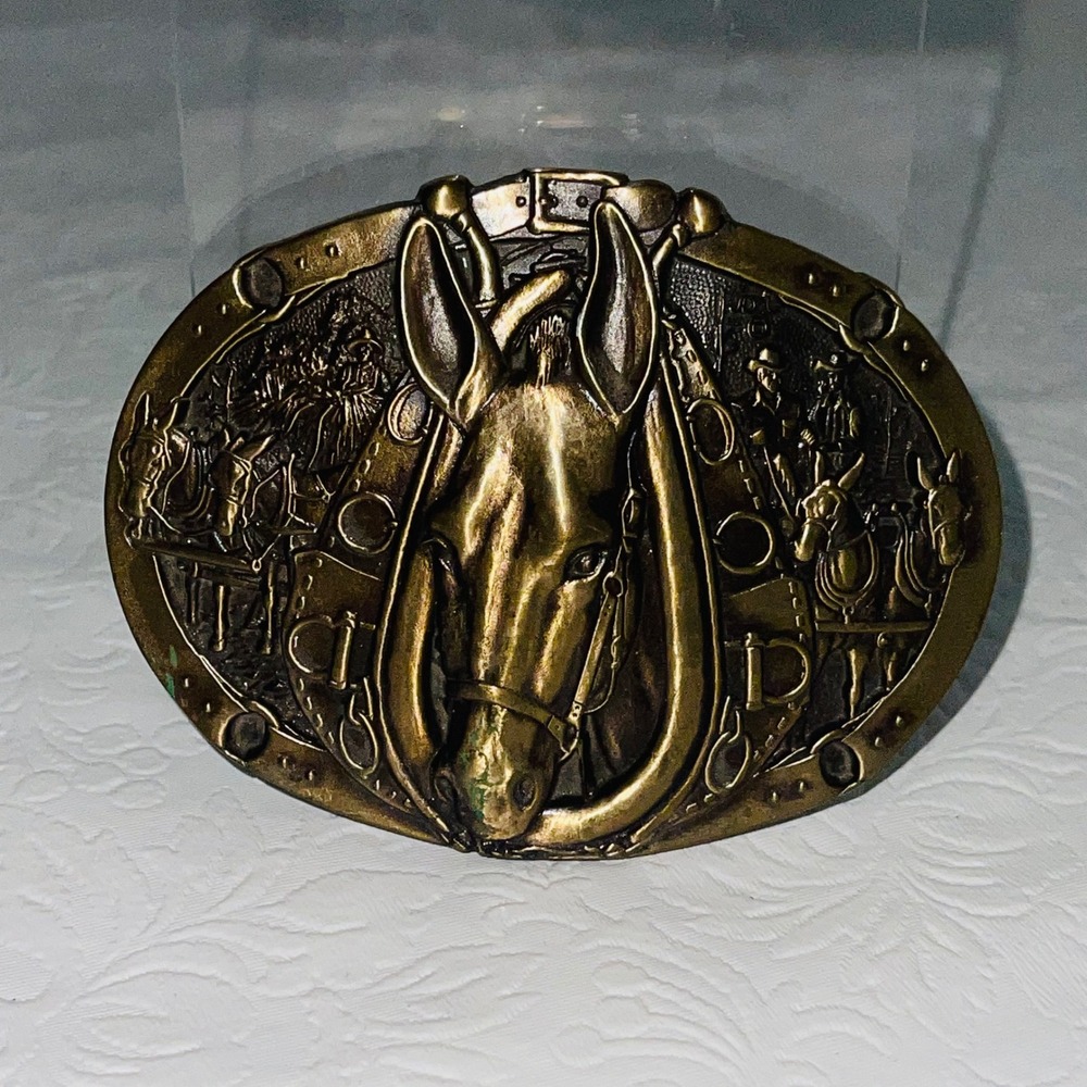 Montana Silversmiths Mule Horseshoe Belt Buckle Brass Tone Western Vintage NFR